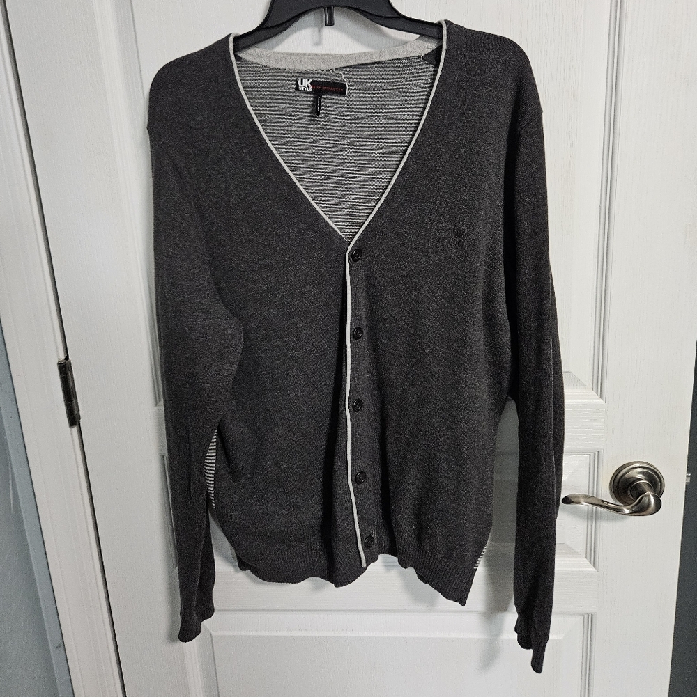 French Connection UK Style Cardigan Heather Gray Stripes Mens Large Grandpa